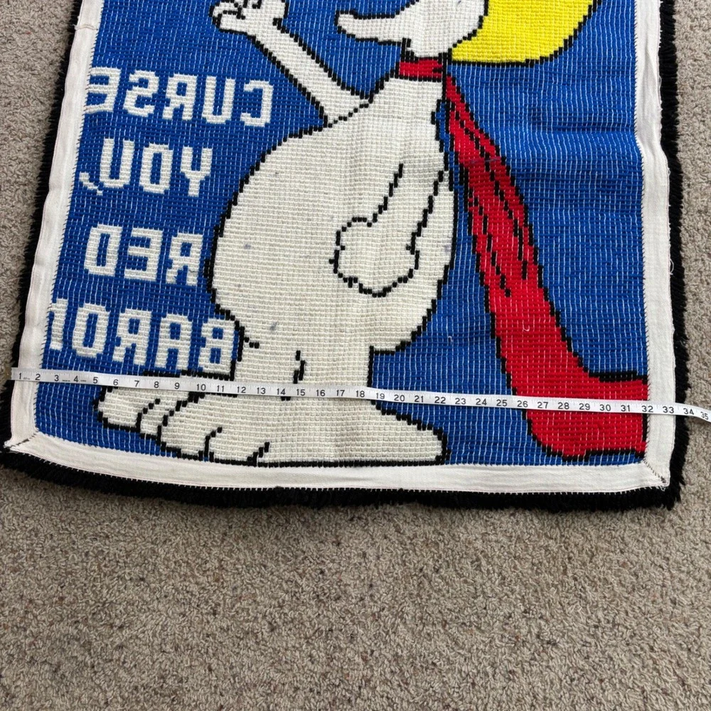 Vintage Snoopy Curse You Red Baron Latch Hook Rug Wall Hanging Blue‎ Peanuts SEE